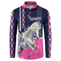 Button-front sweatshirt with pink collar, navy/pink Pegasus graphic and diamond-rhinestone sleeves