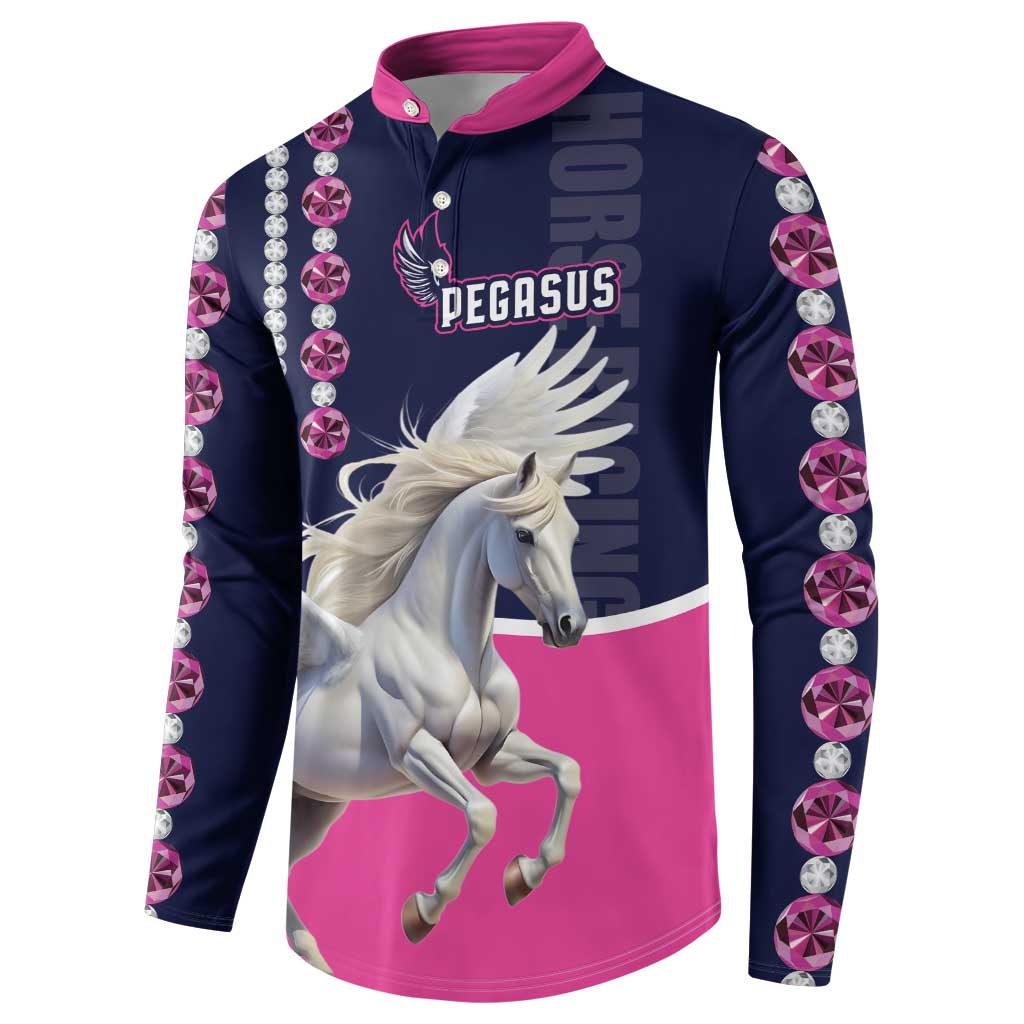 Button-front sweatshirt with pink collar, navy/pink Pegasus graphic, diamond-rhinestone sleeve borders