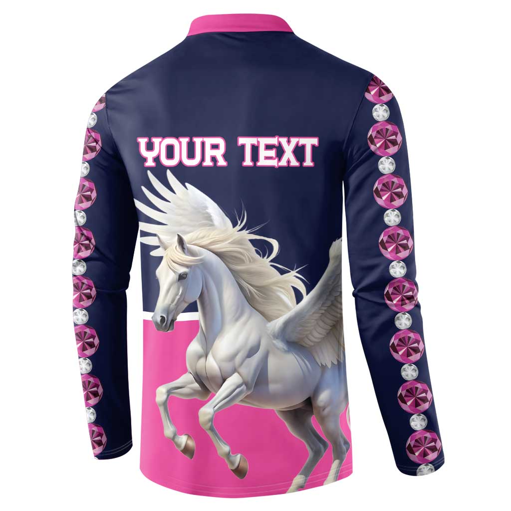 Button-front sweatshirt back with pink collar, Pegasus graphic and 'YOUR TEXT' in pink lettering