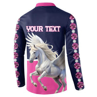 Button-front sweatshirt back with pink collar, Pegasus graphic and 'YOUR TEXT' in pink lettering