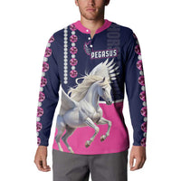 Button-front sweatshirt on model, pink collar, navy/pink Pegasus graphic with diamond sleeve accents