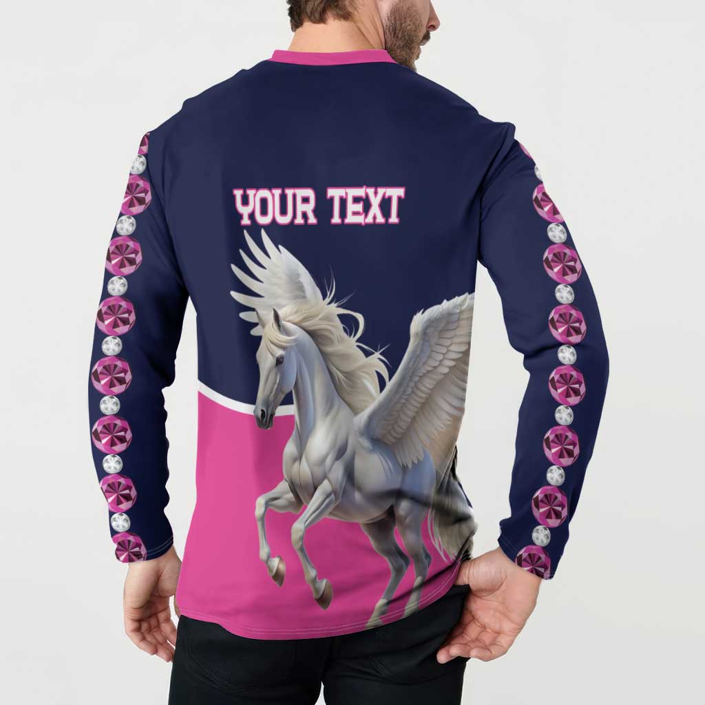Button-front sweatshirt back on model, Pegasus wings graphic, 'YOUR TEXT' and diamond-rhinestone sleeves