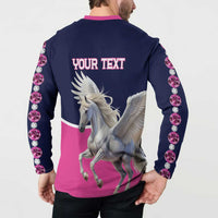 Button-front sweatshirt back on model, Pegasus wings graphic, 'YOUR TEXT' and diamond-rhinestone sleeves