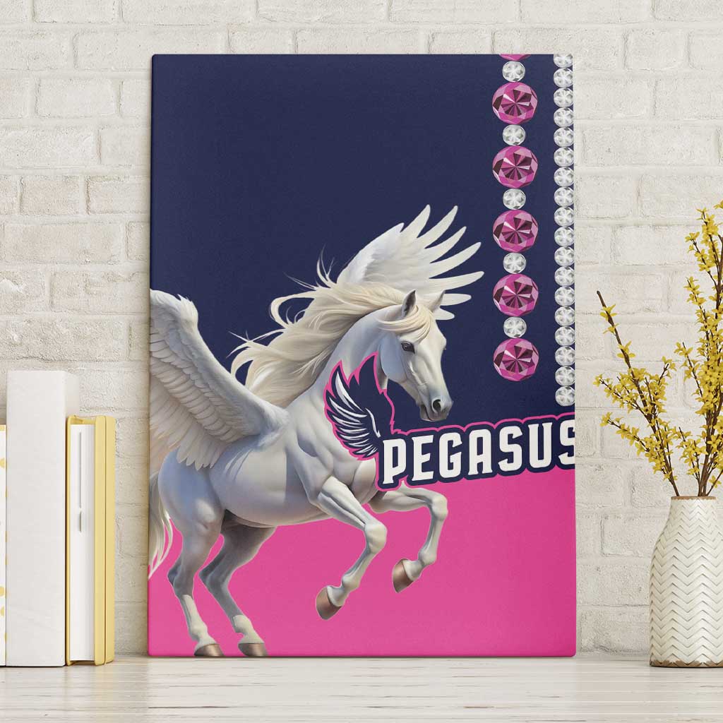 Framed canvas wall art: white pegasus with pink background and rhinestone side border