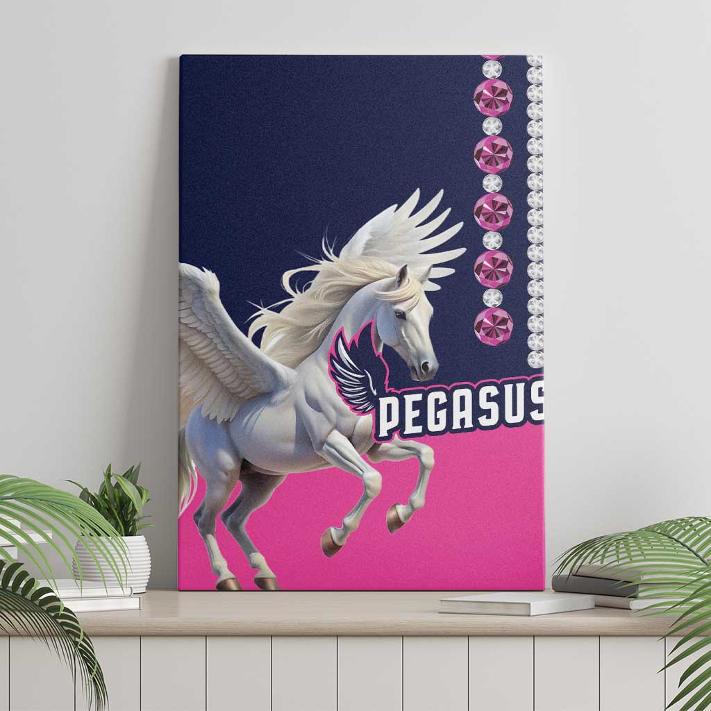 Framed canvas wall art featuring a white pegasus in motion on a pink background, gem trim