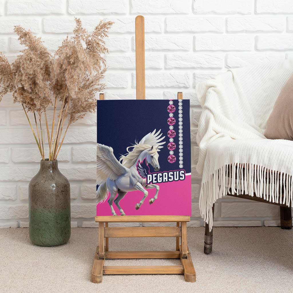 Framed canvas wall art featuring a white pegasus on a pink background with gem trim