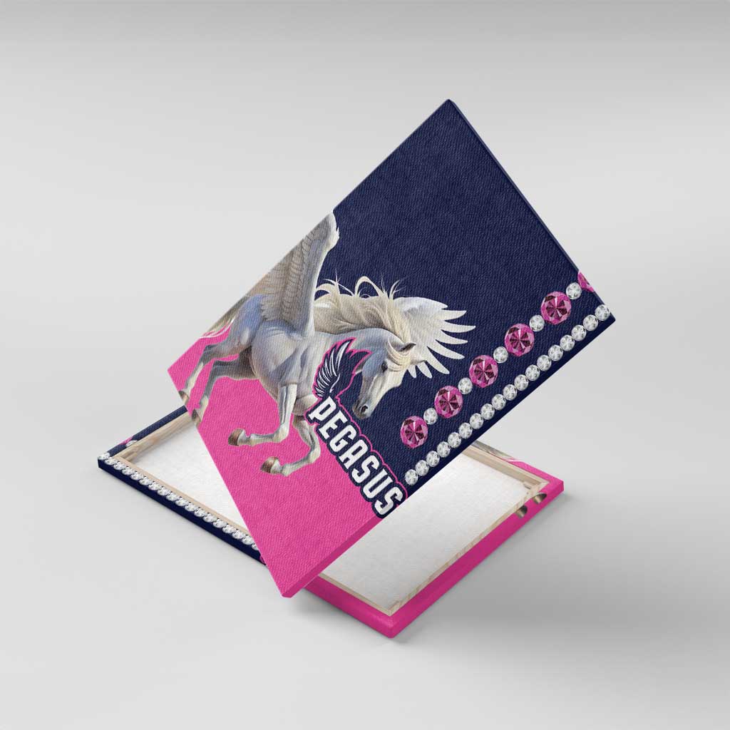 Unframed canvas wall art with white pegasus over pink panel, rhinestone trim on side