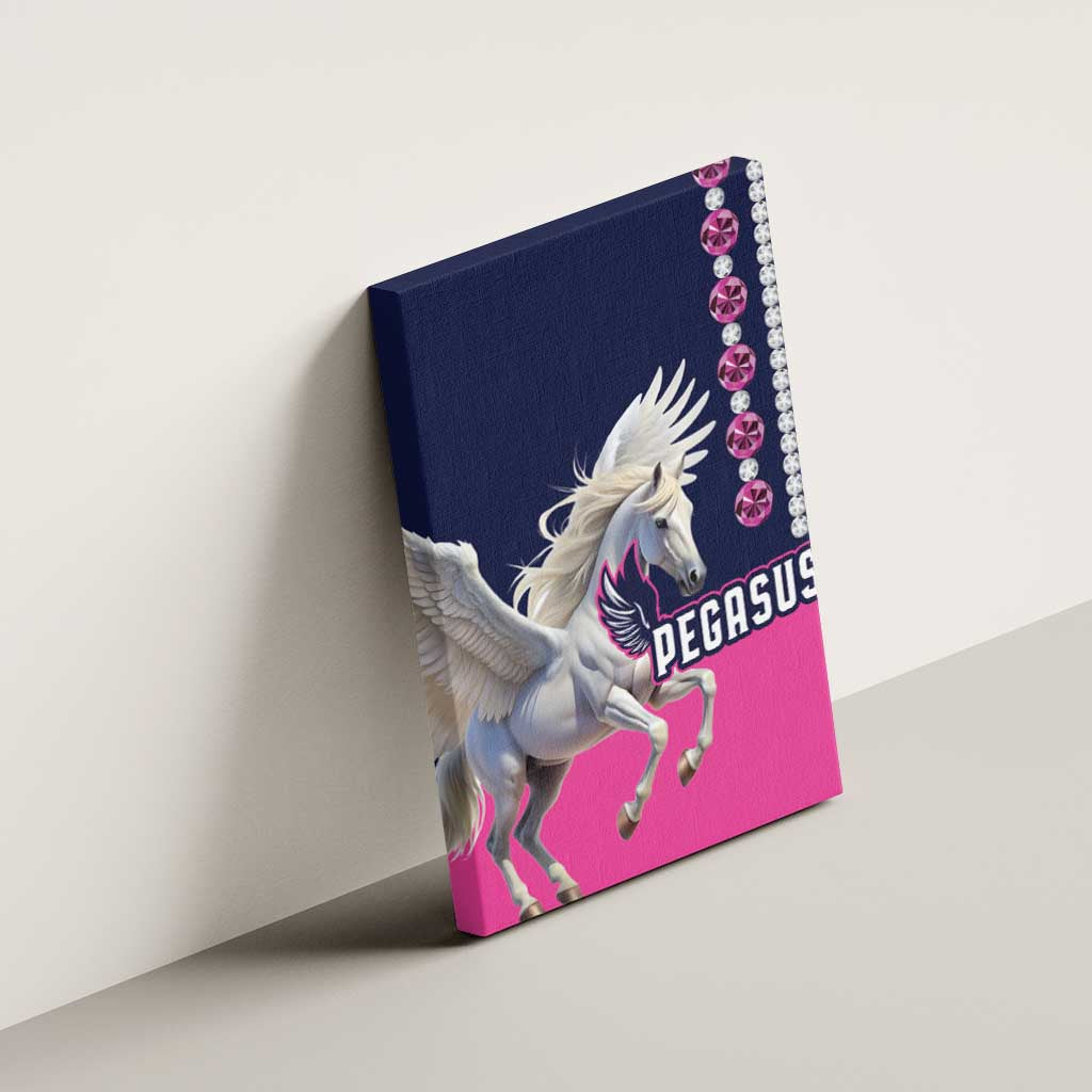 Canvas wall art of a white pegasus with pink lower panel and rhinestone corner trim