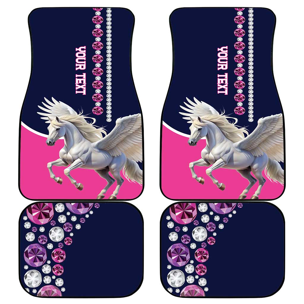 Car floor mat set (4) flat view: navy and pink Pegasus diamond gem graphics.