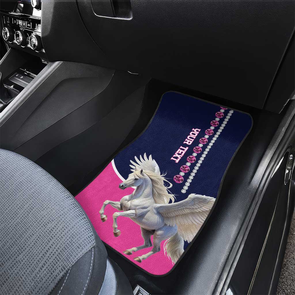 Pegasus car floor mat in navy and pink with diamond gem border and 'YOUR NEXT' text.