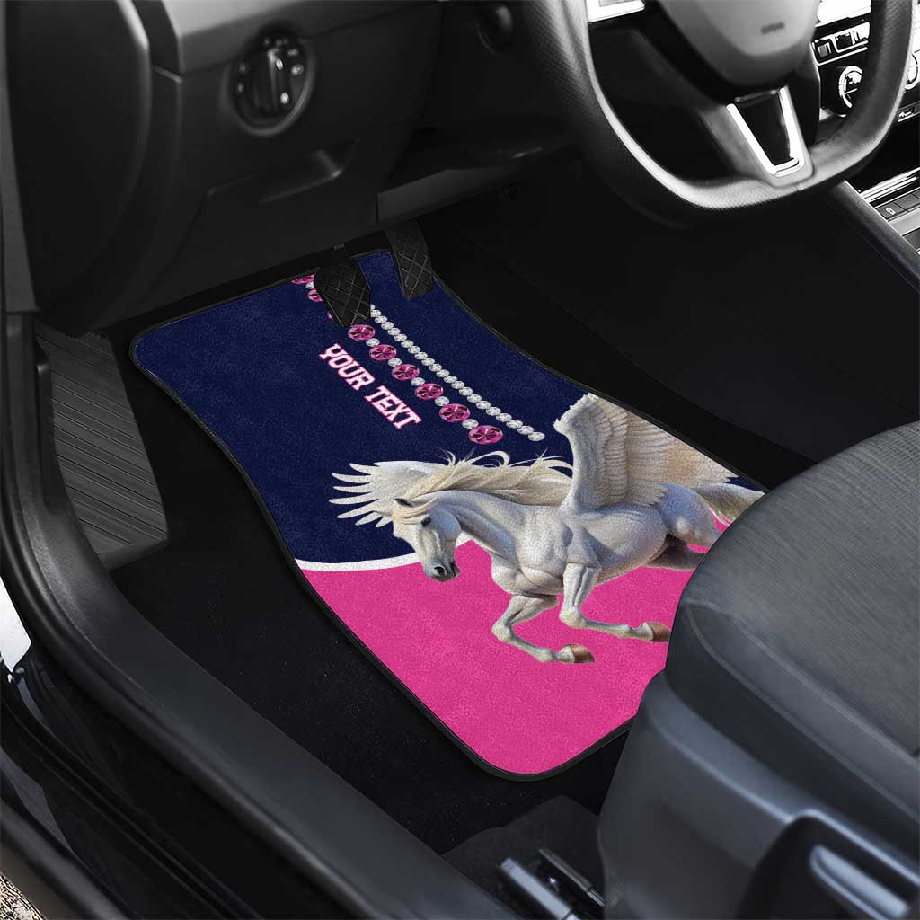 Rear car floor mat in navy and pink with Pegasus diamond gem border and 'YOUR NEXT'.