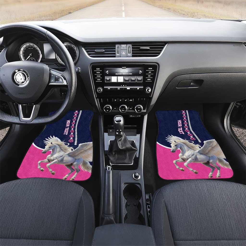 Two-piece front car floor mats, navy and pink with Pegasus diamond gem design.