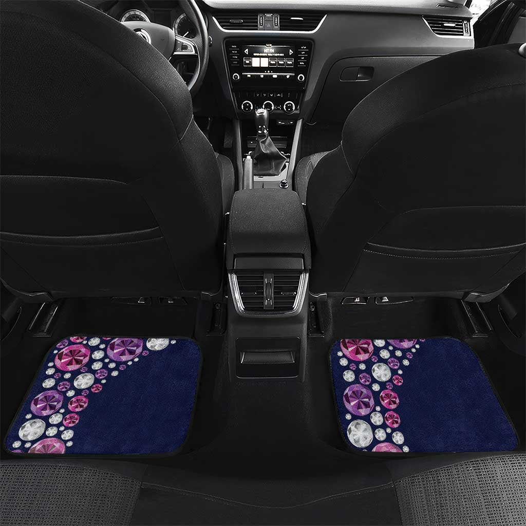 Two rear car floor mats, navy and pink with Pegasus diamond gem artwork.