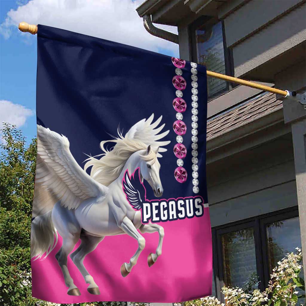 Pegasus horse garden flag, navy fabric with pink bottom and diamond bead border