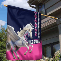 Pegasus horse garden flag, navy fabric with pink bottom and diamond bead border
