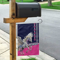 Pegasus horse garden flag hanging from wooden post, navy and pink with gem trim