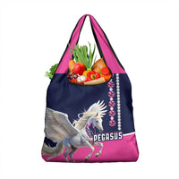 Pink and navy Pegasus printed reusable grocery tote bag with pink side trim