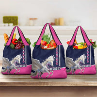 Set of three pink and navy Pegasus grocery tote bags with jeweled trim detail