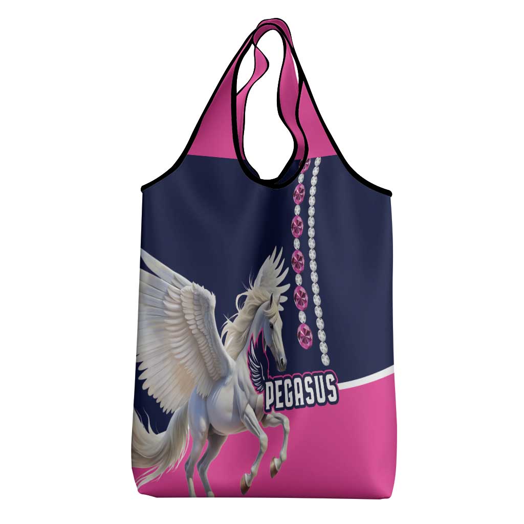 Pink and navy Pegasus tote bag with winged horse graphic and bead-like trim
