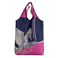 Pink and navy Pegasus tote bag with winged horse graphic and bead-like trim