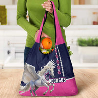 Pink and navy Pegasus grocery tote bag with winged horse graphic and side pocket