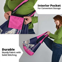 Pink and navy Pegasus tote bag with black interior pocket and bead-like trim