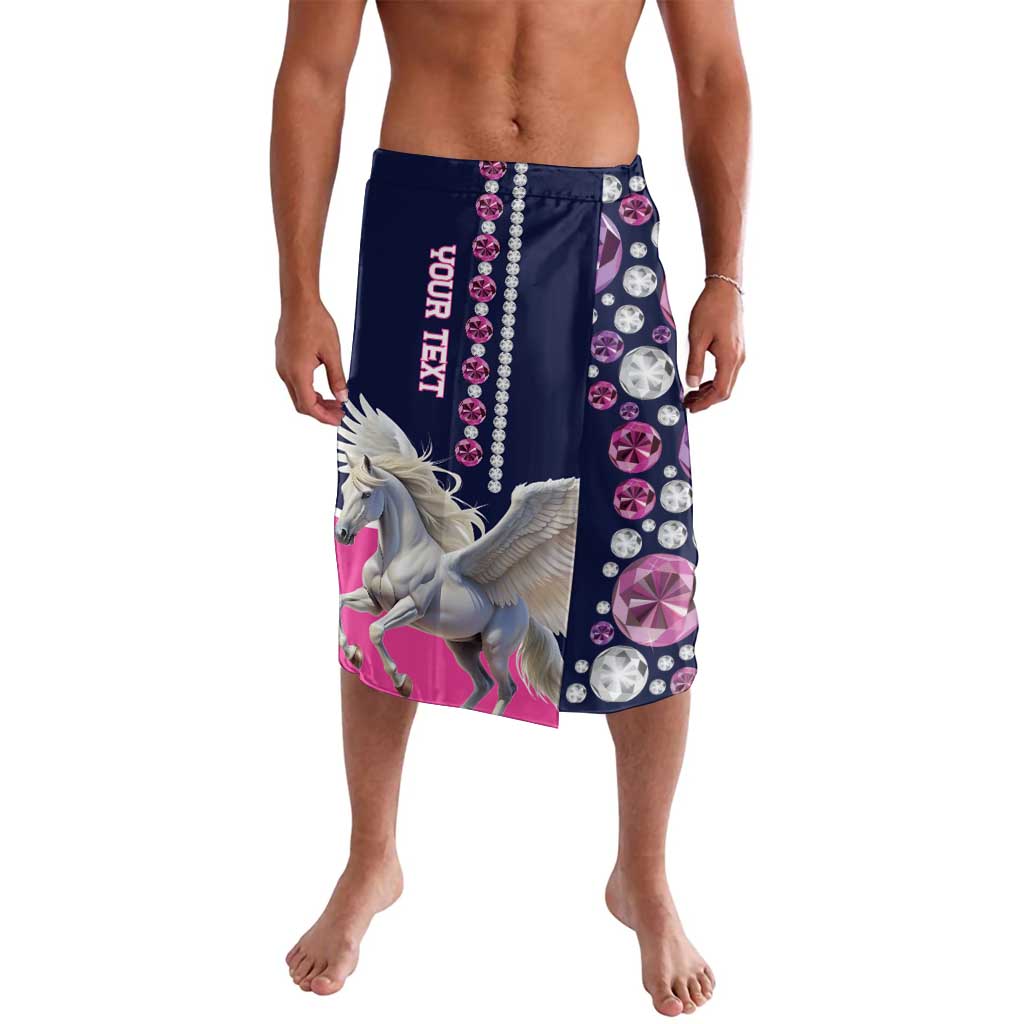 knee-length sarong with navy base, pink gem pattern, and pegasus graphic