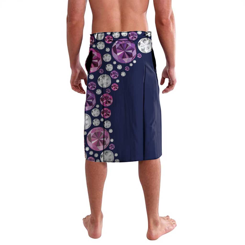 knee-length sarong with navy base and allover pink, purple, and white gem icons