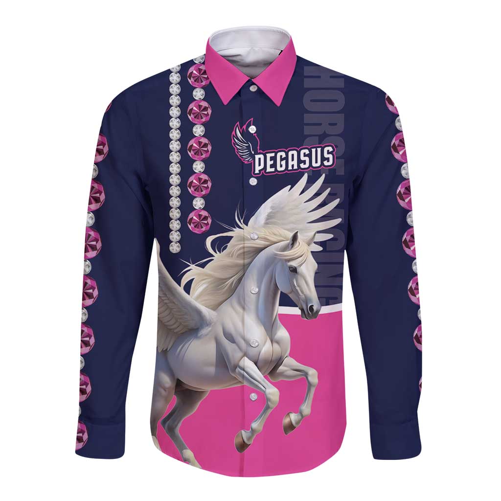 Long sleeve button shirt with navy pink Pegasus graphic and rhinestone-style detail
