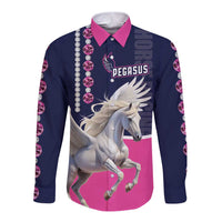 Long sleeve button shirt with navy pink Pegasus graphic and rhinestone-style detail