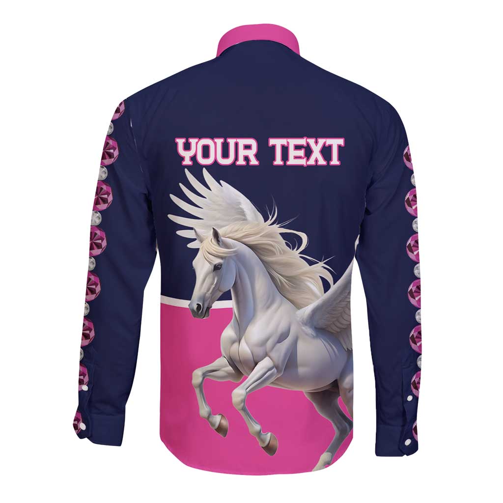 Long sleeve button shirt, navy with pink YOUR TEXT and Pegasus on back