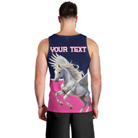 Men's navy tank top with Pegasus back graphic and 'YOUR TEXT' lettering