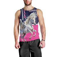 Men's navy and pink Pegasus tank top with sleeveless crew neck, front view