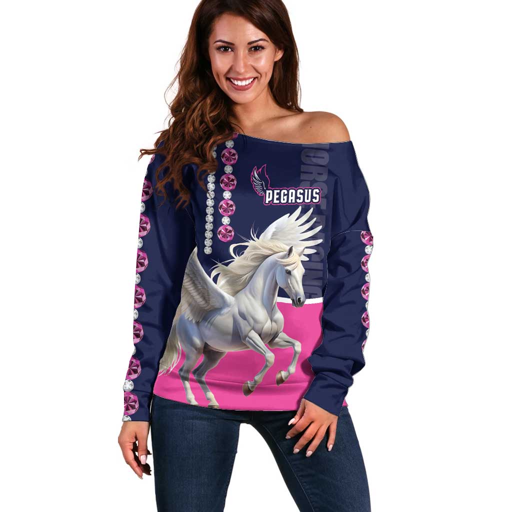 Off-shoulder navy sweater with white pegasus graphic and pink accents