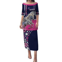 Long navy pullover dress with pink trim and white pegasus horse racing print