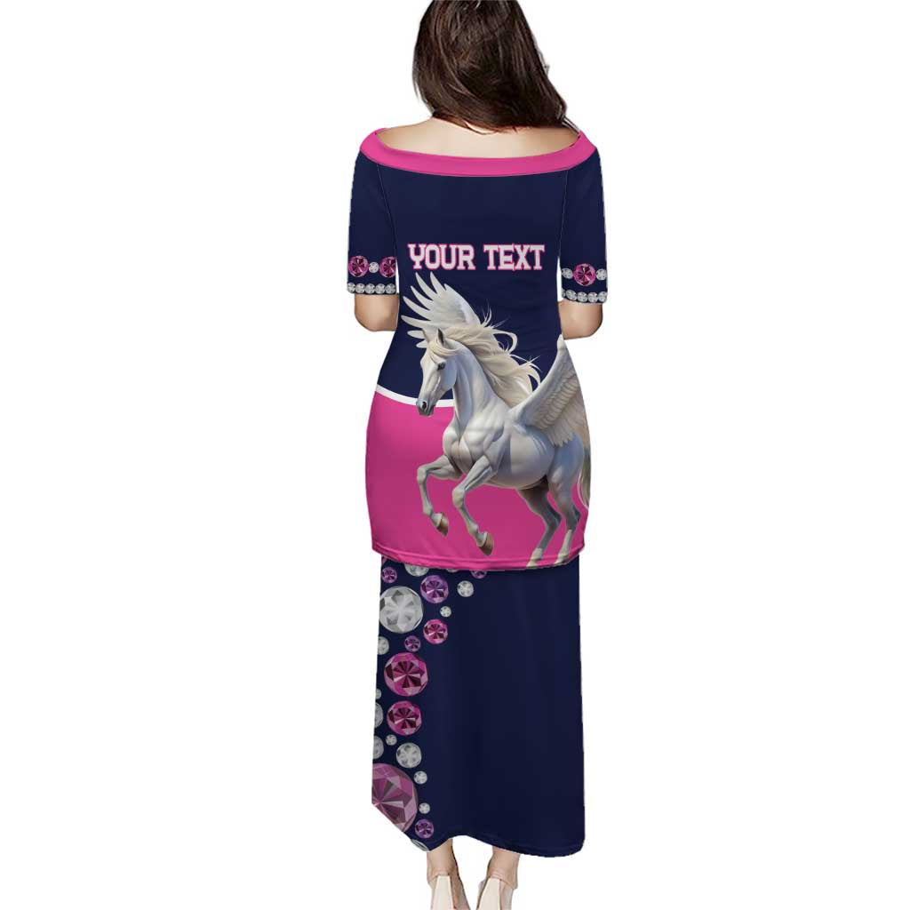 Long navy pullover dress back view with pink trim and pegasus graphic over 'YOUR TEXT'