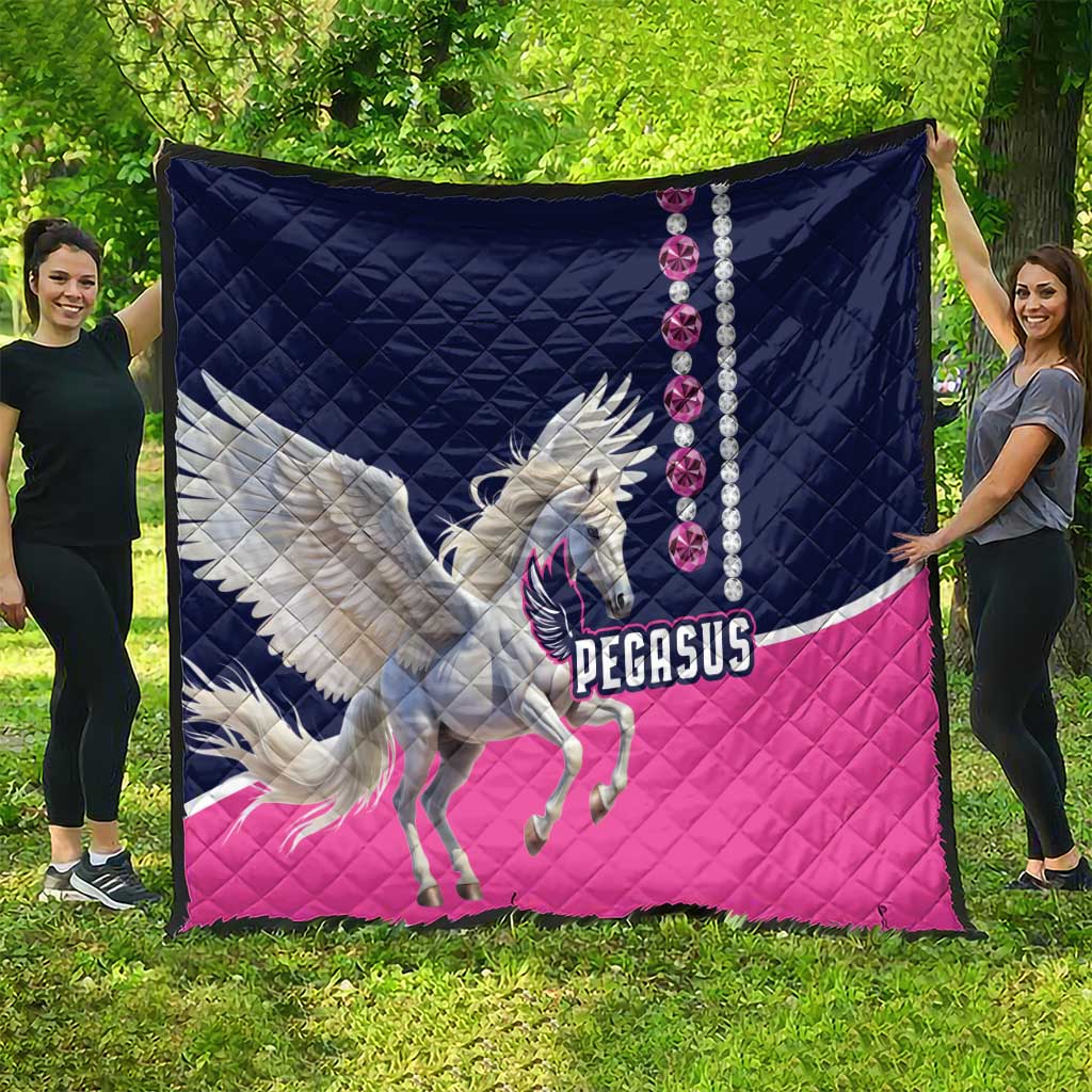 Oversized diamond quilt with winged Pegasus, navy and pink, white horse and beads