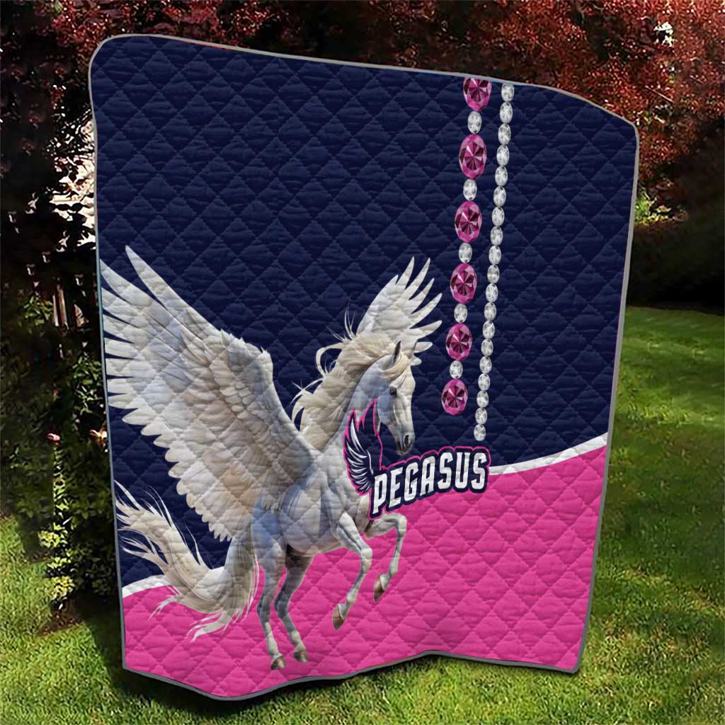 Diamond luxury quilt with winged Pegasus logo, navy and pink with beaded border