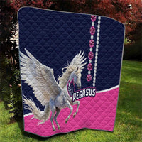 Diamond luxury quilt with winged Pegasus logo, navy and pink with beaded border