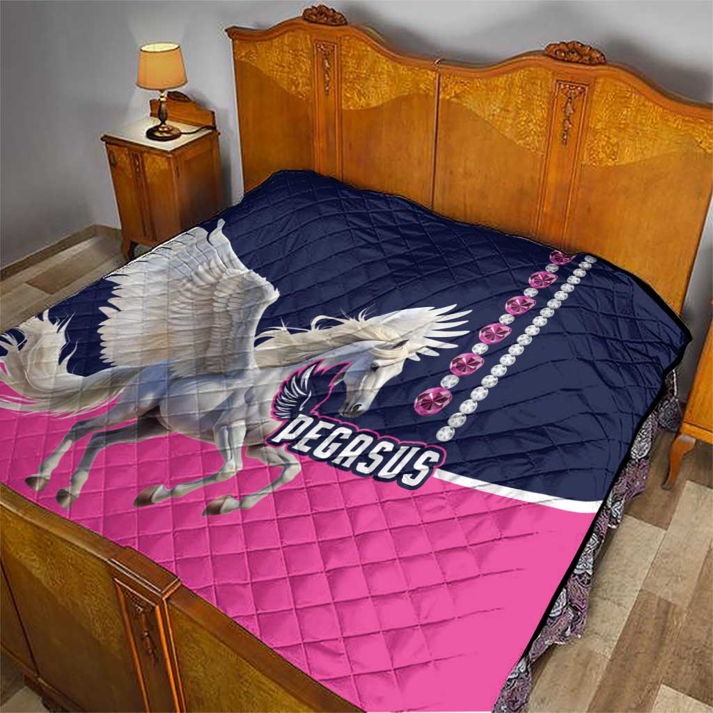 Winged Pegasus quilt on bedspread, navy and pink diamond pattern with beaded chain