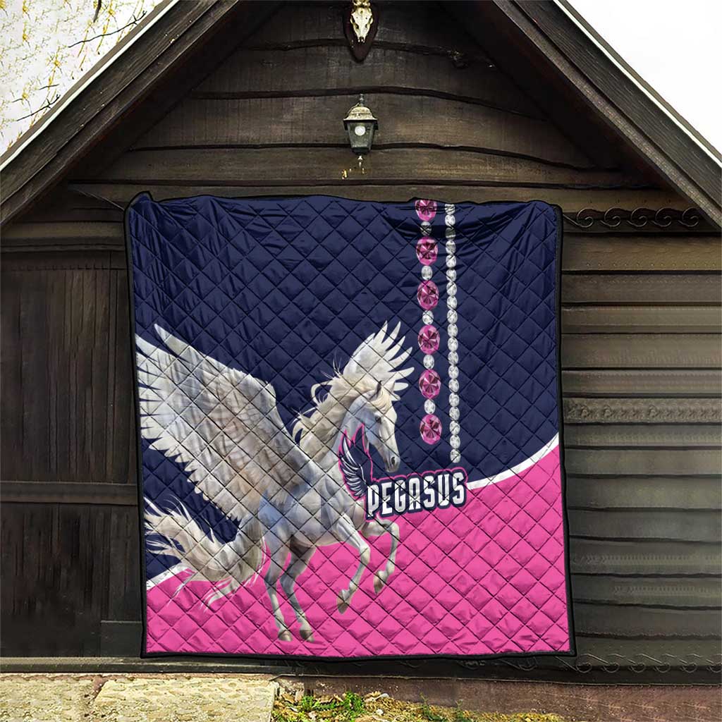 Pegasus wing quilt with diamond quilting, navy top and pink bottom, white horse and beads