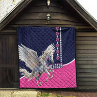 Pegasus wing quilt with diamond quilting, navy top and pink bottom, white horse and beads