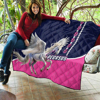Winged Pegasus quilt, navy top and pink bottom, white horse and beaded string