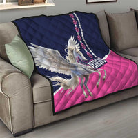 Diamond quilt blanket with winged Pegasus, navy and pink, white horse graphic and beads