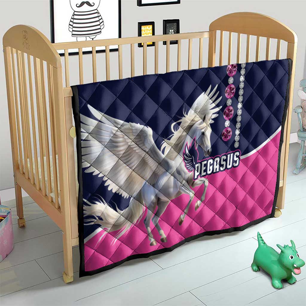 Kids quilt blanket with winged Pegasus print, navy and pink diamond pattern