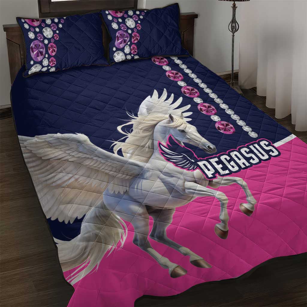 Pegasus quilt bed set with navy and pink diamond quilting, winged horse graphic.