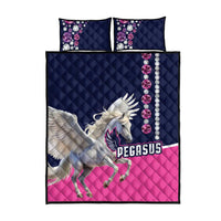 Pegasus quilt bed set, navy and pink coverlet with two matching pillows and jeweled trim.