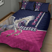 Pegasus quilt bed set: navy quilted cover with winged horse artwork and pink lower panel.