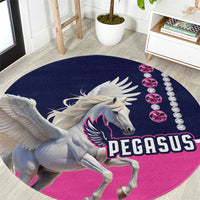 Round rug with Pegasus winged horse, navy and pink print with gem-like row