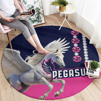 Round navy rug with pink border, Pegasus horse graphic and gem-like accents